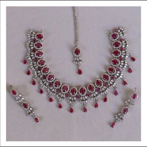 Pakistani Indian Bridal Formal Jewelry Set Earrings Necklace Ruby Silver Design